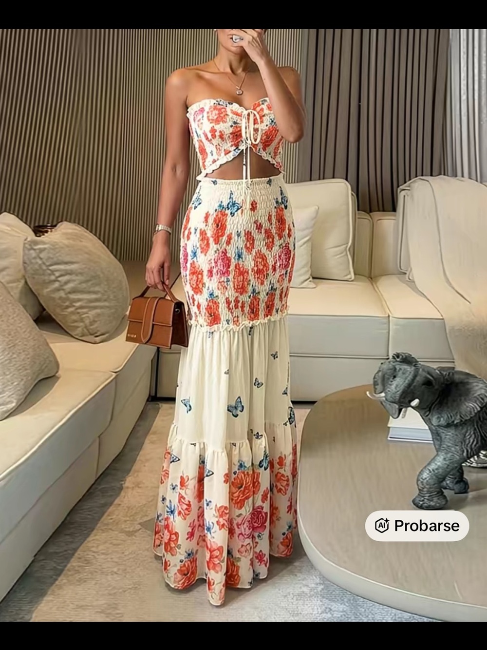 Floral Strapless Smocked Maxi Dress in Cream and Coral